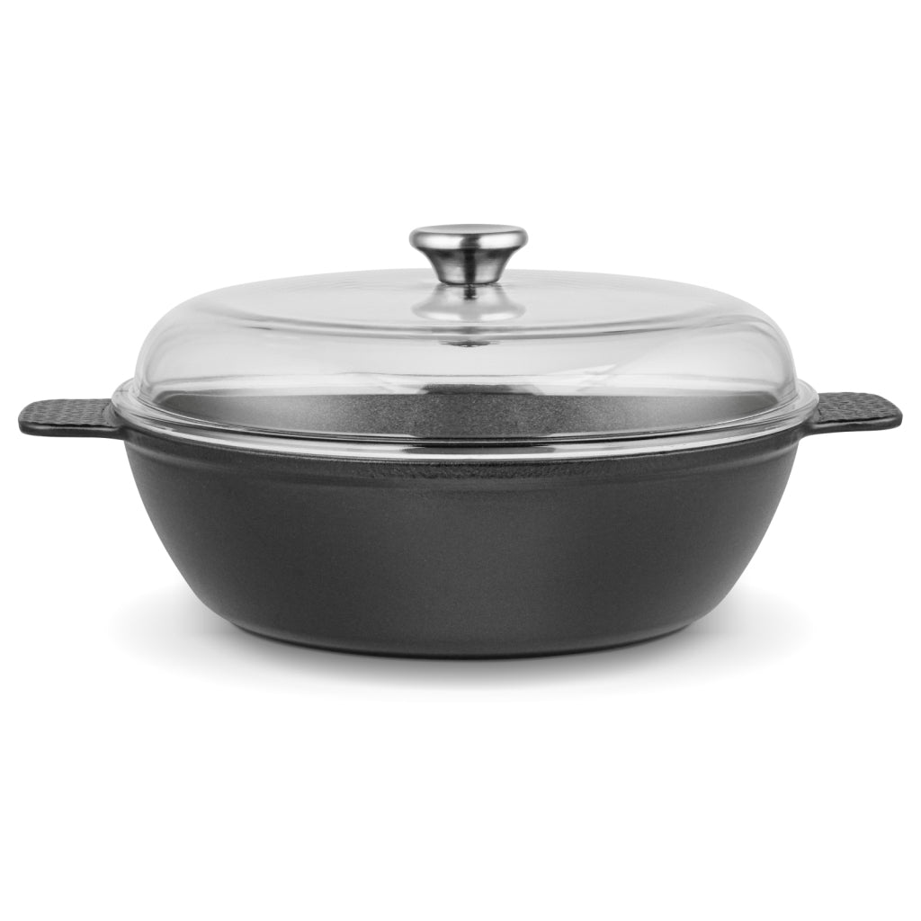Fissman Shallow Casserole Nomada 28x8cm/4.1LTR With Two Side Handles Glass Lid (Lightweight Cast Iron With Non-Stick Coating)