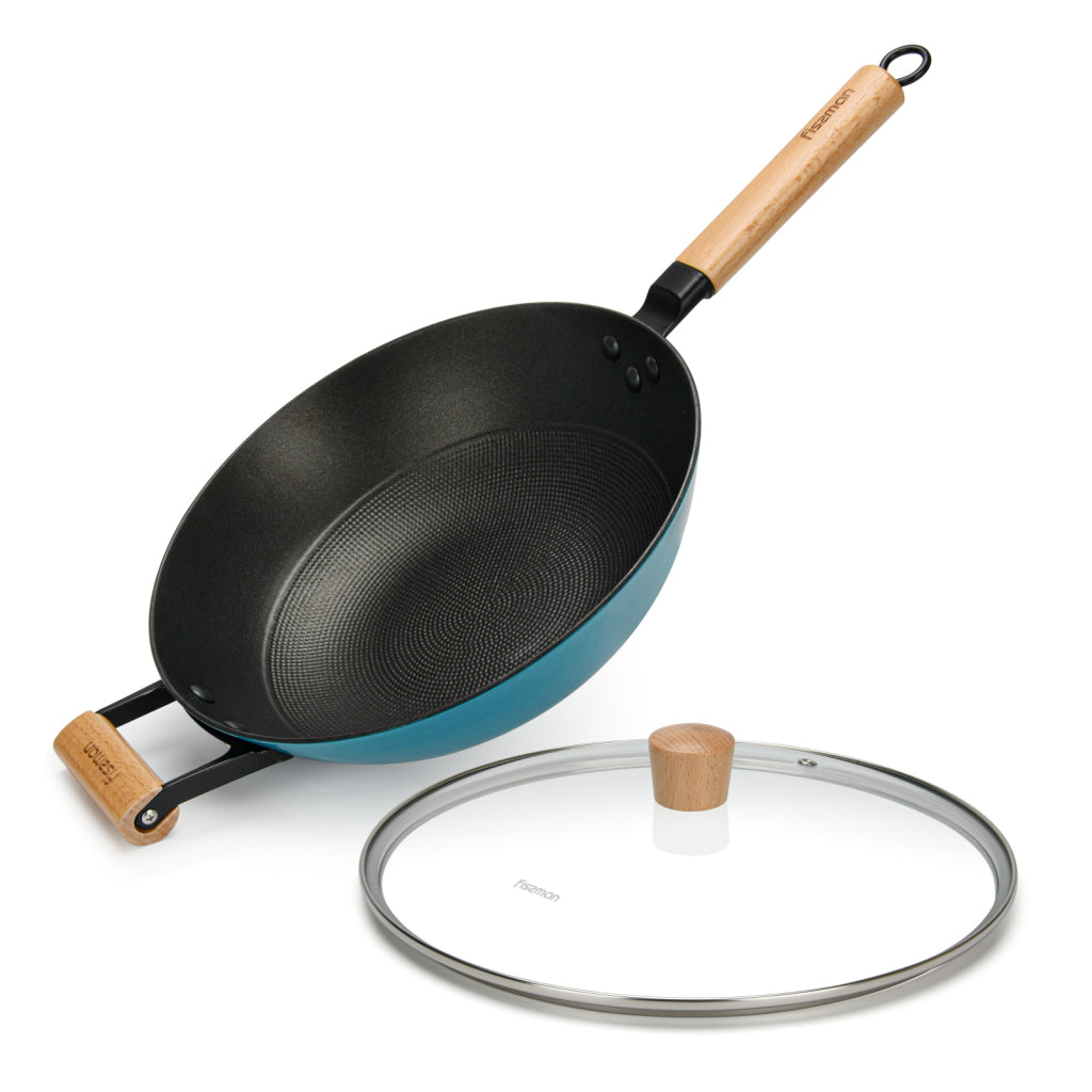 Fissman Wok Seagreen 30x8.4/4LTRcm With Helper Handle And Glass Lid (Enamelled Lightweight Cast Iron With Non-Stick Coating)