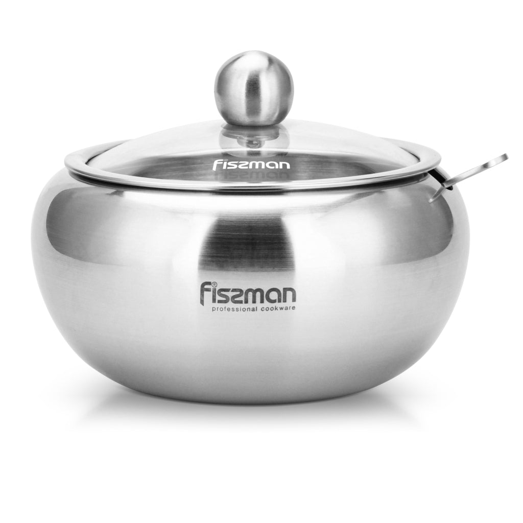 Fissman Sugar Bowl 460ml With Glass Lid And Spoon (Stainless Steel)