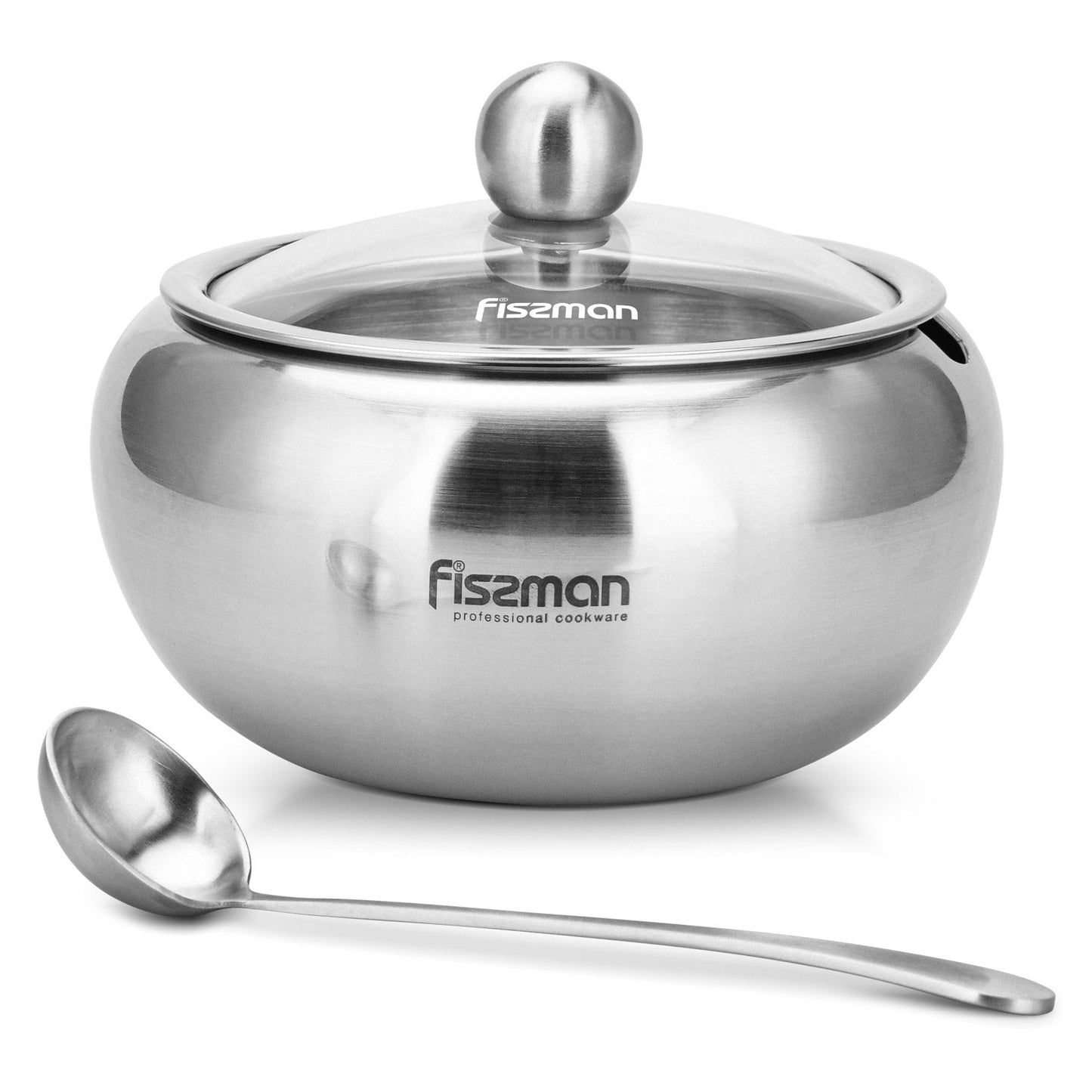 Fissman Sugar Bowl 560ml With Glass Lid And Spoon (Stainless Steel)