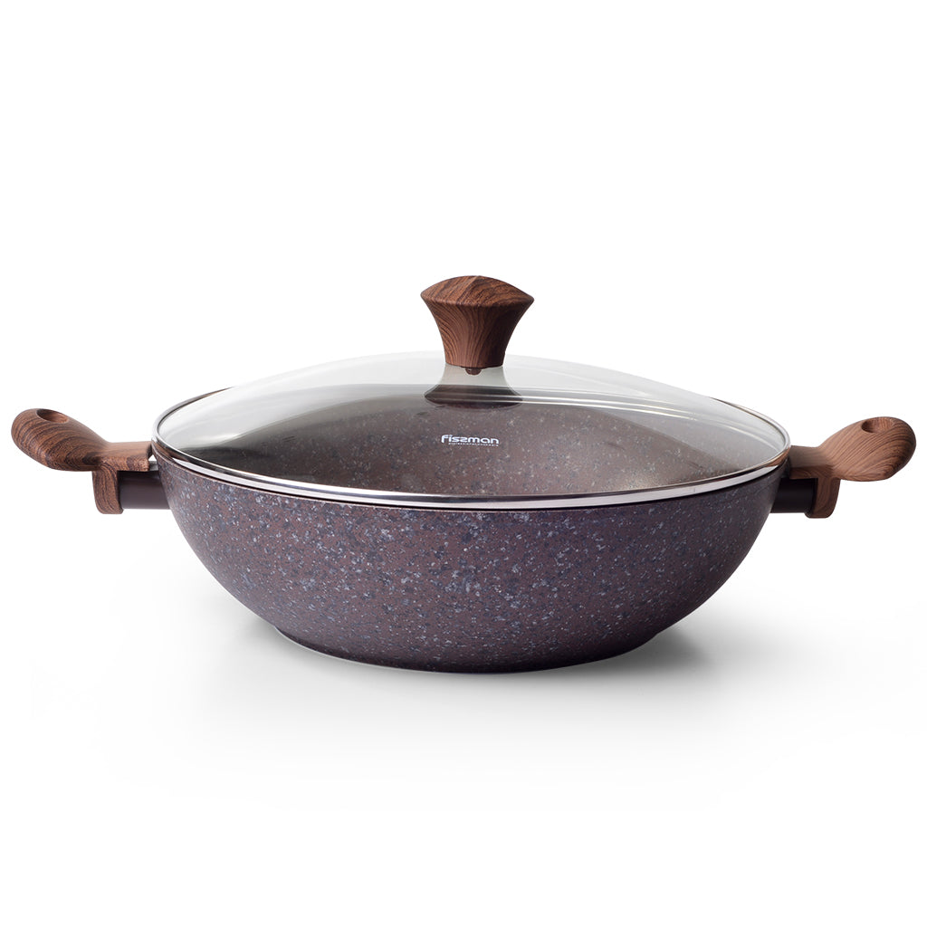 Fissman Wok Magic Brown 30x9cm With Glass Lid (Aluminum With Non-Stick Coating)